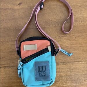 Topo Designs Teal and Coral Mini Crossbody with Pink Strap